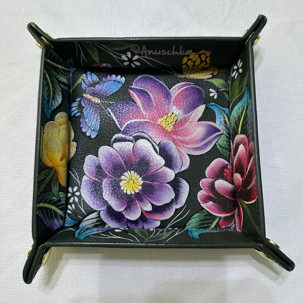 Anuschka Hand Painted Leather Catch All Tray Floral Butterfly Jewelry Organizer